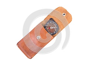 Vintage compass in a leather case, isolated