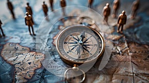 Vintage compass on a map with figures symbolizing global leadership and direction