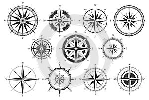 Vintage compass. Nautical map directions vintage rose wind. Retro marine wind measure. Windrose compasses vector icons photo