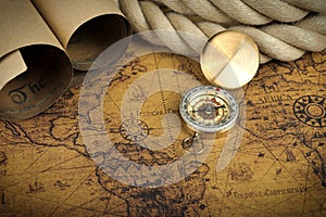 Vintage compass on old map - Explore the world-travel concept