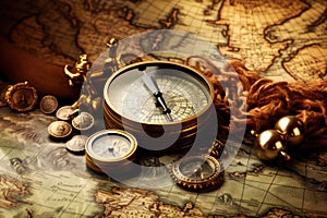 Vintage compass and old map. Vintage style toned picture, Old compass, telescope, and coins on an antique world map, AI Generated