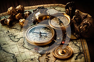 Vintage compass and old map on wooden background. Vintage style, Old compass, telescope, and coins on an antique world map, AI