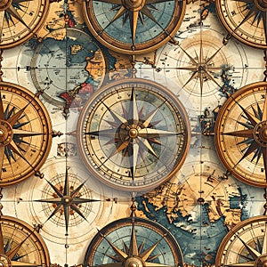 Vintage Compass and Old World Map Seamless Pattern