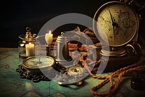 Vintage compass, rope and candle on old world map background, Vintage still life with compass, old map, and other objects, AI