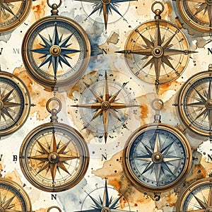 Vintage Compass Rose and Nautical Map Seamless Pattern