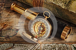 Vintage compass, telescope and map