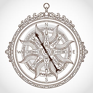 Vintage compass on white background. element in line art style.