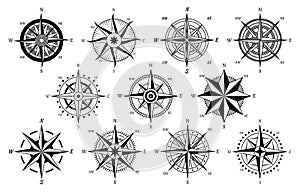 Vintage compass. Windrose antique compasses nautical cruise sailing symbols, sea travel marine navigation map element