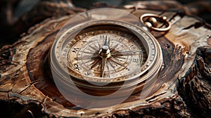 Vintage compass on wooden surface - generative ai