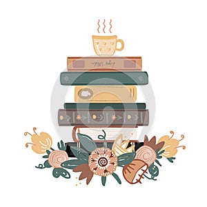 Vintage composition with books pile, tea mug, and meadow doodle flowers isolated on white background. Hand drawn vector