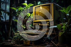 Vintage computer amongst green plants at night