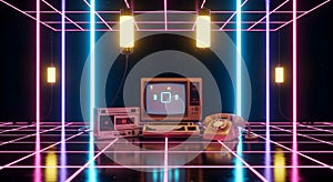 Retro computer setup neon grid background