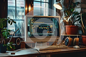 Vintage Computer Displaying Code on Screen in a Cozy Home Setting