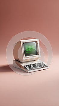 Vintage computer with glowing screen showing green code