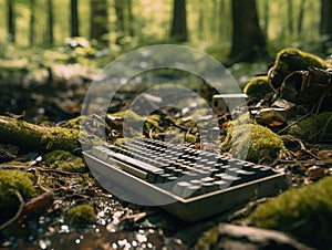 Vintage computer keyboards abandoned in the forest. Close-up view.