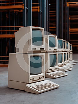 Vintage computers are stacked in a warehouse.