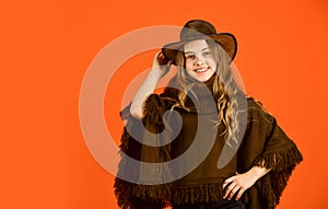 Vintage concept. confident and ambitious. teen in hat. stylish looking girl. small girl wear autumn clothes. retro