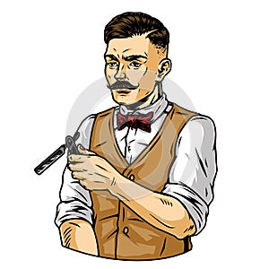 Vintage concept of mustached stylish barber