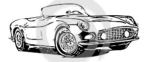 Vintage convertible car sketch on a white background. classic retro vehicle illustration, front side view. poster of old sports