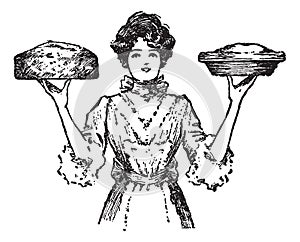 Vintage cook or waitress with baked pies