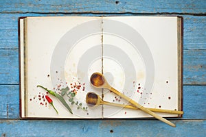 Vintage cookbook with empty pages, spices and wooden spoons