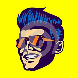 Vintage cool dude man face, aviator sunglasses, rockabilly pompadour haircut