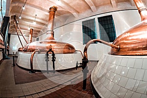 Vintage copper brewery boilers. Plzen Pilsen, Czech Republic