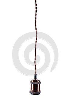 Vintage copper E27 socket hanging on twisted electric wires