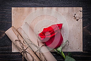 Vintage corded paper scrolls red bloomed rose on