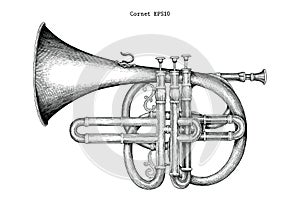 Vintage Cornet hand drawing engraving illustration,The classical