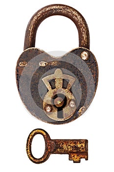 Vintage corroded padlock with key isolated on white