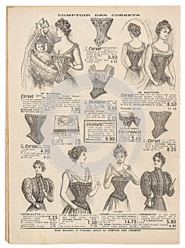 Vintage corset Antique engraved picture fashion shopping Paris