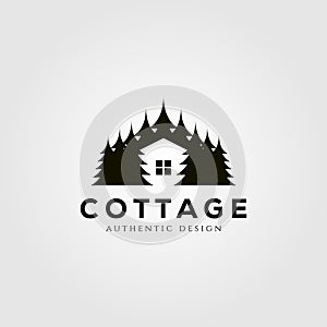 Vintage cottage logo vector design with pine tree symbol illustration