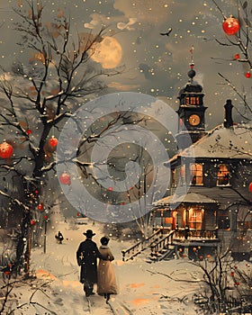 Vintage Country New Years Eve Party Illustration Painting Snowman Walking Couple Landscape