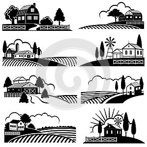 Vintage countryside landscape with farm scene. Vector backgrounds in woodcut style