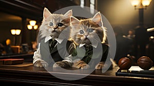 Vintage Courtroom: Two Kitten Lawyers in Timeless Suits, Embracing the Essence of Justice AI Generated