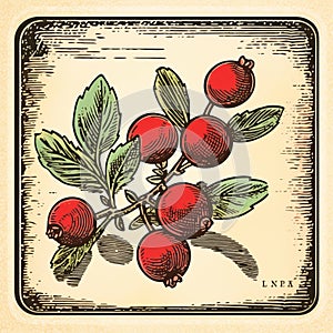 Vintage Cranberry Illustration In Wooden Frame: Personal Iconography And Scientific Woodcut-inspired Graphics photo