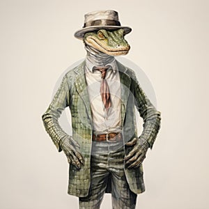 Vintage Crocodile Hat: Painterly Style Full Body Hyperrealistic Animal Portrait