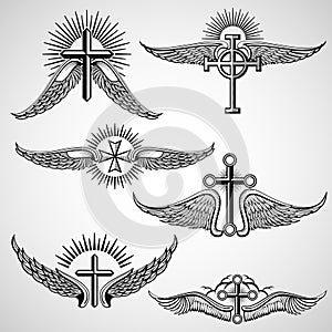 Vintage cross and wings tattoo vector elements