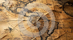 Vintage crumpled paper world map on table, old brown worn rare sheet, background for journey theme. Concept of antique, history,