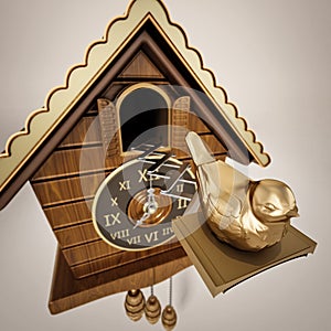 Vintage cuckoo clock with the golden bird chirping. 3D illustration