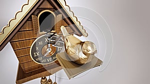 Vintage cuckoo clock with the golden bird chirping. 3D illustration