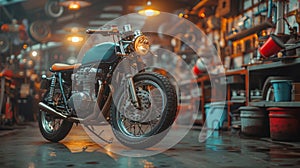 Vintage Custom Bobber Motorcycle in a Retro Workshop