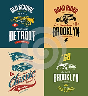 Vintage custom hot rod and classic car vector tee-shirt logo isolated set.