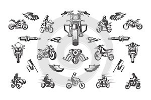 Vintage custom motorcycles silhouettes and icons isolated on white background vector illutrations set.