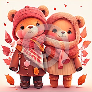 Vintage cute couple baby teddy bear,smile happy in romantic autumn