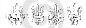 Vintage cutlery logo. Silverware and curled ribbon. Retro sketch. Fork and knife for dinner. Banner with hand drawn
