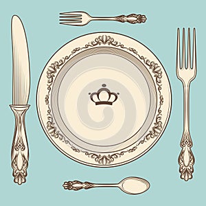 Vintage cutlery and plate illustration