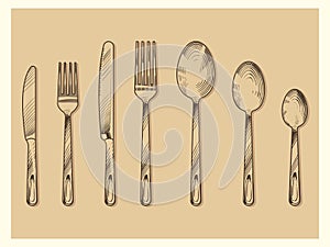 Vintage cutlery set vector design. Hand drawn knife, fork, spoon in sketch engraving style