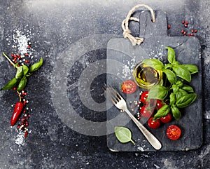 Vintage cutting board and fresh ingredients